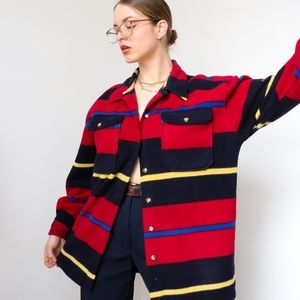 Navy blue & yellow striped oversized teddy fleece button up shacket